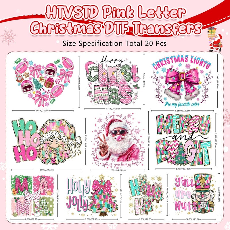 HTVSTD 20 Sheets Christmas DTF Transfers Ready to Press Pink Letters Iron on Transfers Colorful Iron on Decals for T-Shirts DIY Patches Decals - Image 2